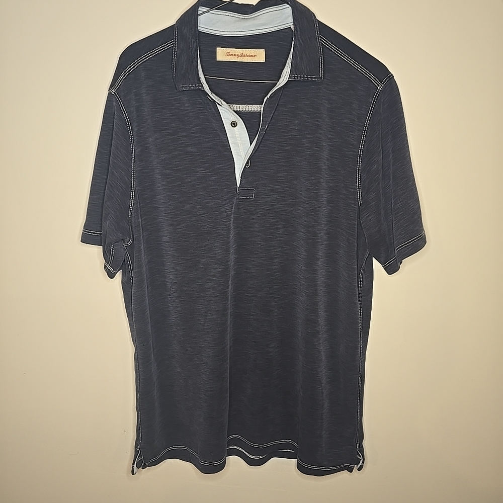 Tommy Bahama Men's Polo Shirt Size Medium Blue White Stiching Short Sleeve